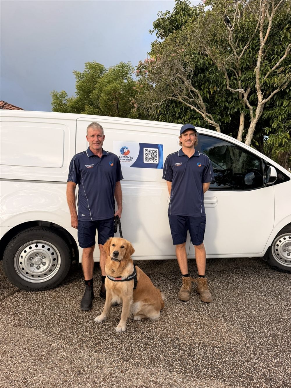 The Elements Plumbing team with Borris the golden retriever in front of the company van on the Sunshine Coast